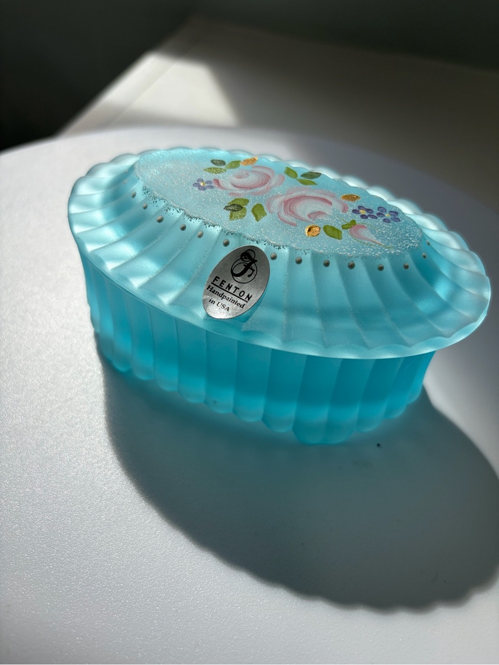 Fenton Handpainted Aqua Blue Floral Glass Trinket Box